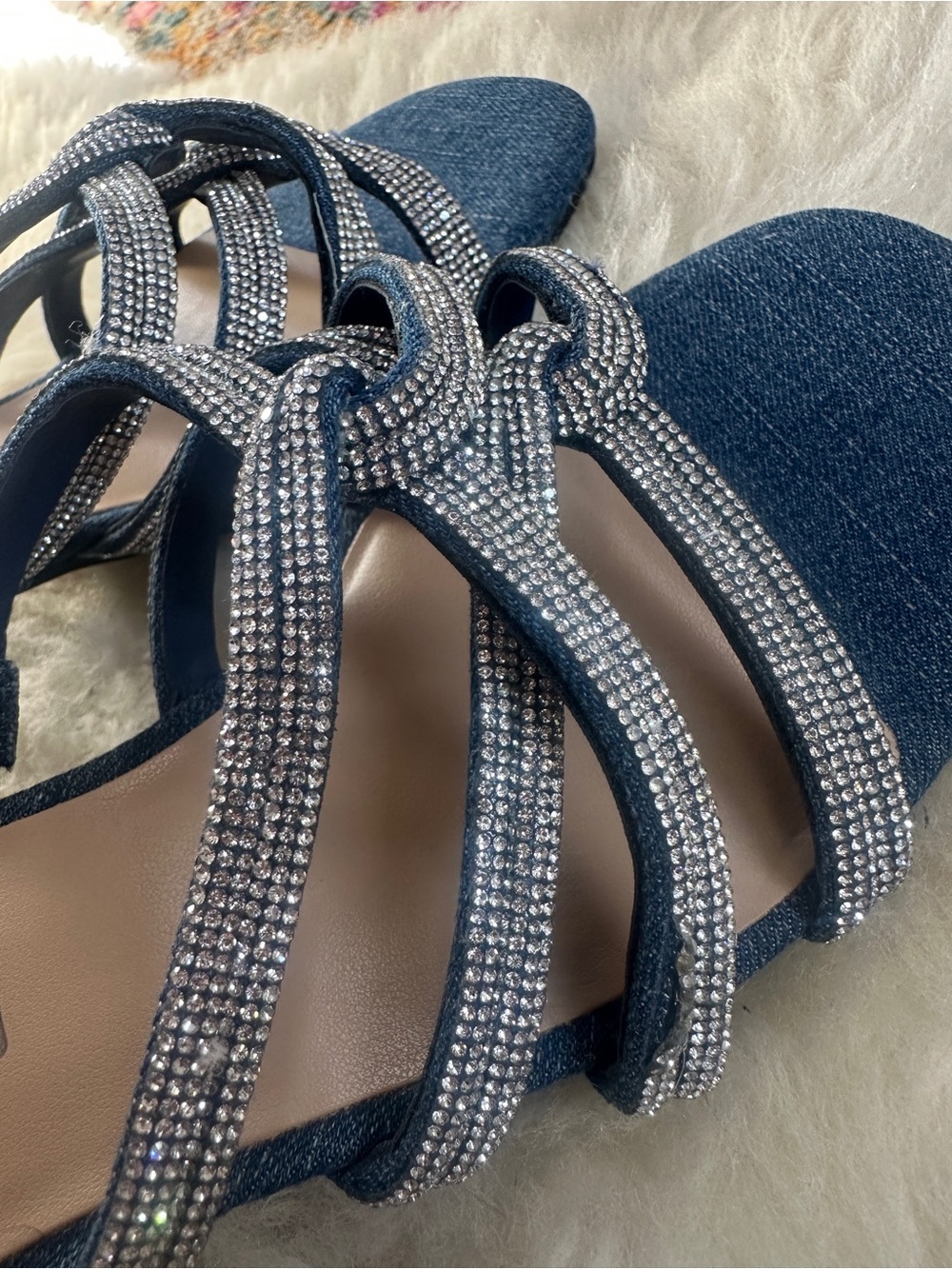 Unisa Denim Rhinestone Sandals Womens 7 Blue Block Heel Open Toe New - Picture 7 of 9
